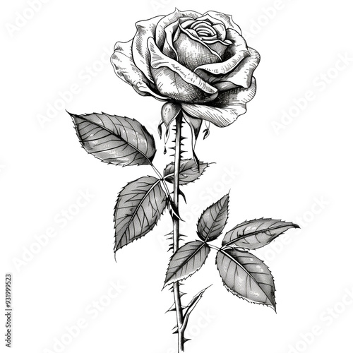 A black and white rose drawing, pen and ink sketch of a single rose,isolated on a transparent background