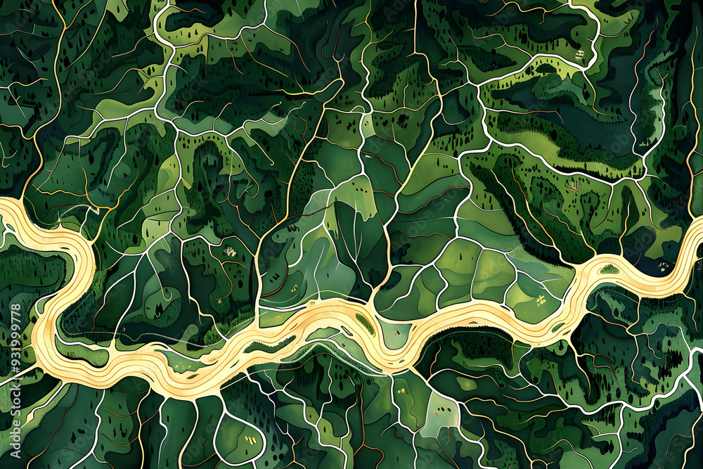Rivers winding through green landscape.