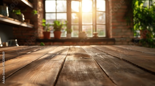 Sunlight streams through large windows, casting a warm glow on a wooden table surrounded by potted plants in a serene indoor setting