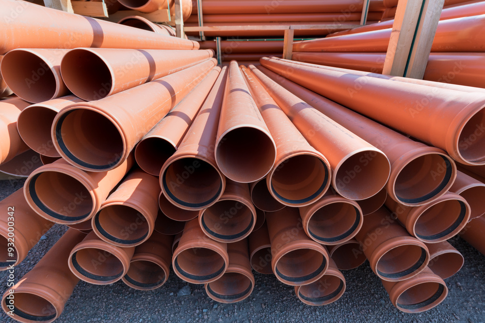 Fragment of a water supply system made pipes, installation of automatic watering. Close-up PVC plumbing pipes stacked wooden pallets replacement at city street infrastructure construction site. Town Fragment of a water supply system made pipes, installation of automatic watering. Close-up PVC plumbing pipes stacked wooden pallets replacement at city street infrastructure construction site. Town