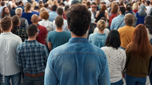 A large gathering of people stands closely together, focused on a speaker in front, showcasing community engagement and participation in a lively urban setting