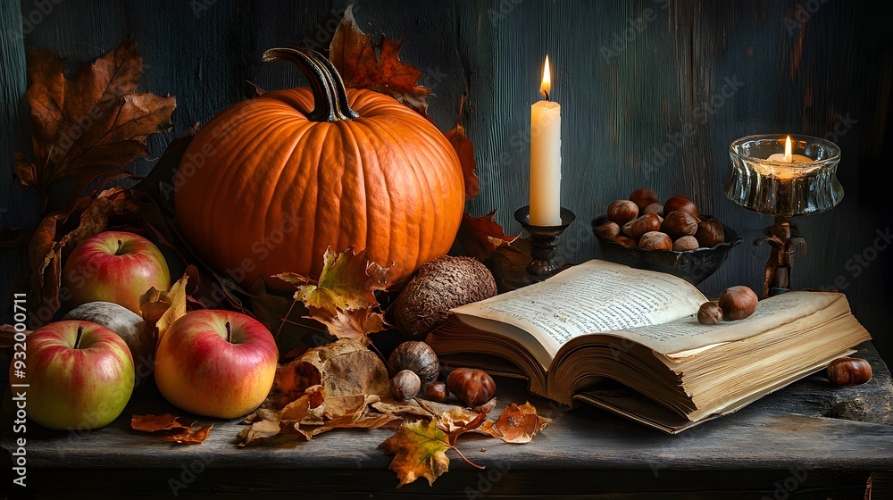Autumn still life Pumpkin, apples, chestnuts, candle, old book Autumn still life Pumpkin, apples, chestnuts, candle, old book