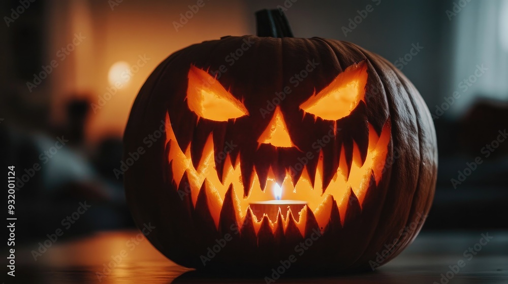 A close-up of a carved pumpkin with a sinister face, illuminated from within by a flickering candle. A close-up of a carved pumpkin with a sinister face, illuminated from within by a flickering candle.