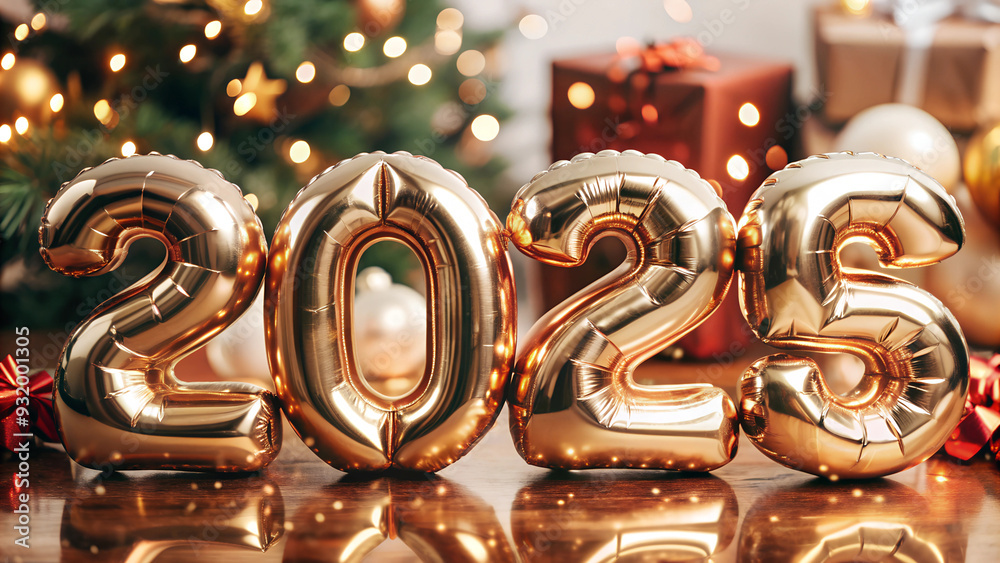 Golden numbers 2025 made of balloons on a blurred background in retro style. Symbol of 2025 new year. Golden numbers 2025 made of balloons on a blurred background in retro style. Symbol of 2025 new year.