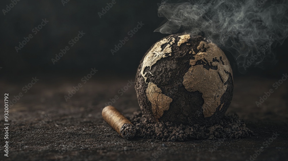 Puffing on a cigar, a globe enveloped in swirling smoke represents the worldwide dependence on tobacco, brought to life through detailed 3D artistry. Puffing on a cigar, a globe enveloped in swirling smoke represents the worldwide dependence on tobacco, brought to life through detailed 3D artistry.