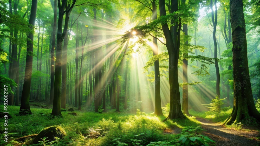 Obraz premium Sunlight filtering through lush green forest foliage, nature, trees, sun rays, tranquil, serene, peaceful, dappled light