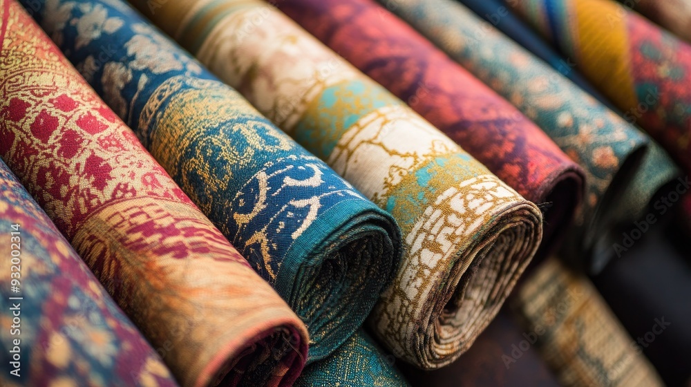 A close-up of colorful, patterned fabrics arranged in layers, highlighting their textures and intricate designs. A close-up of colorful, patterned fabrics arranged in layers, highlighting their textures and intricate designs.