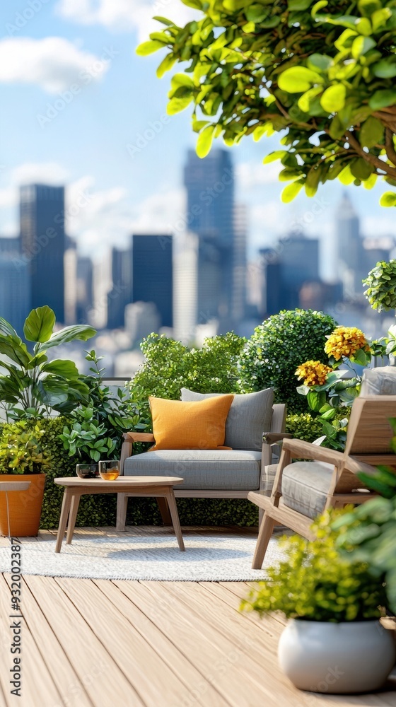 Fototapeta premium Modern urban rooftop lounge and garden area surrounded by a beautiful city skyline in 3d design