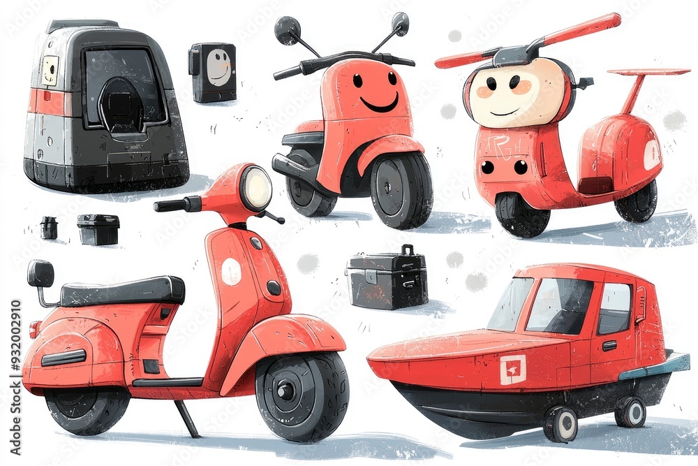 Fototapeta premium Red Vehicles Cartoon Illustration