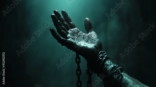 A shackled hand reaches out from darkness, seeking freedom and light photo