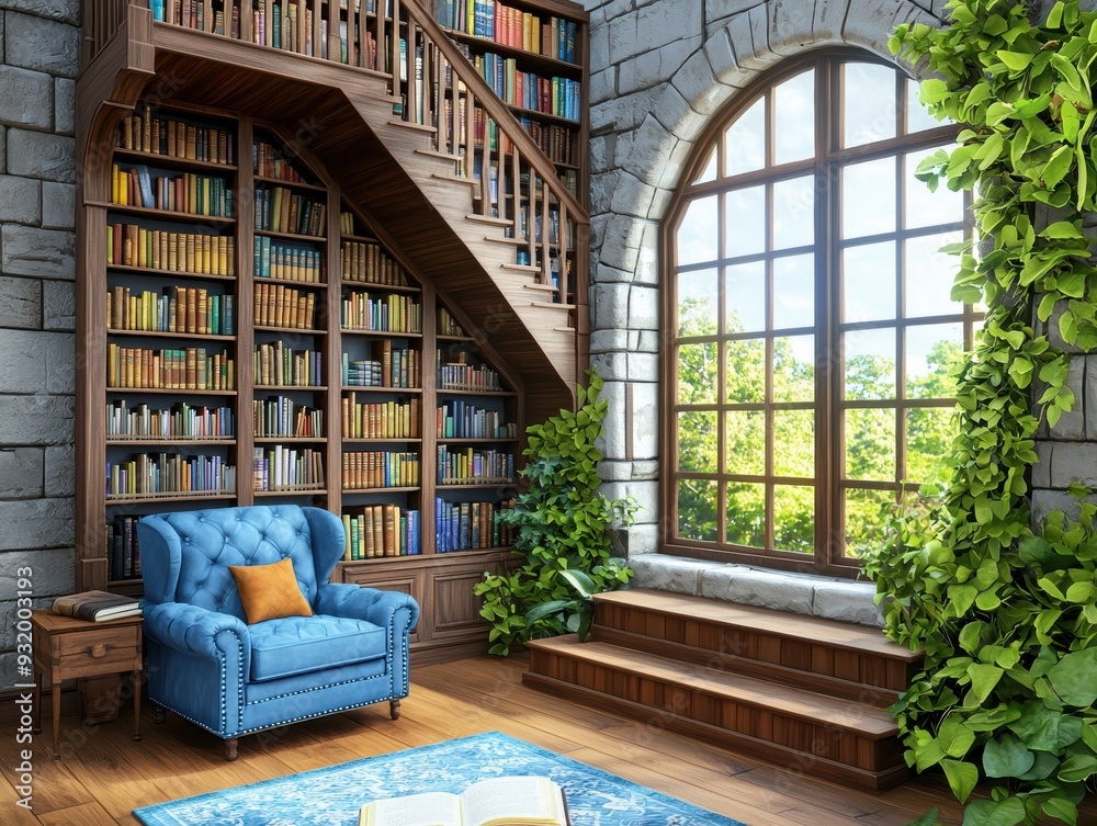 Cozy old-fashioned library with towering bookshelves and inviting reading nook in 3d illustration Cozy old-fashioned library with towering bookshelves and inviting reading nook in 3d illustration