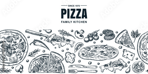 Italian pizza and ingredients seamless horizontal background. Vector hand drawn sketch illustration. Pizzeria menu, banner, poster, label package design elements