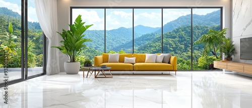 Stylish and modern luxury living room design with panoramic windows and contemporary furniture in a detailed 3d illustration