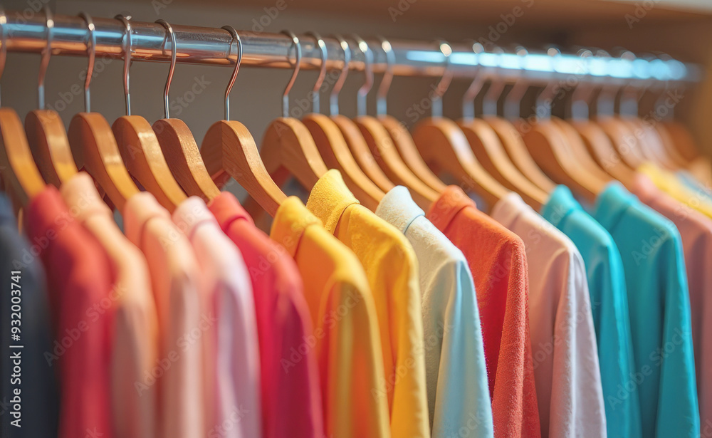 Colorful clothes are hanging in the wardrobe close up Colorful clothes are hanging in the wardrobe close up
