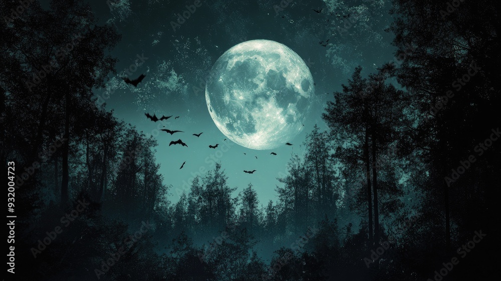 A dark forest scene with a full moon, silhouetted trees, and bats flying across the night sky. A dark forest scene with a full moon, silhouetted trees, and bats flying across the night sky.