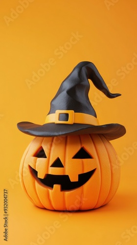 Halloween pumpkin wearing a witch hat on an orange background