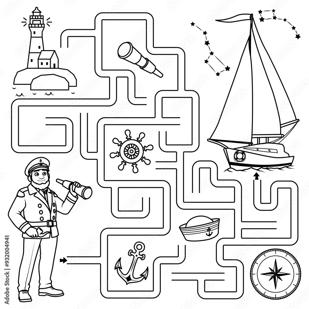 Obraz premium Puzzle for kids. Labyrinth. Find the captain's way to the sailboat. Coloring for kids