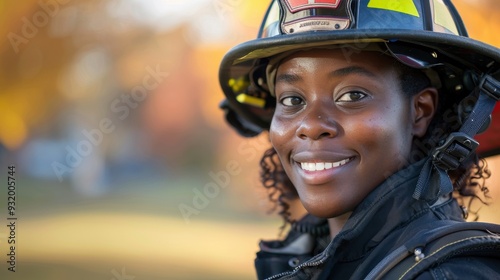 A female firefighter stands outdoors, smiling confidently in her protective gear against a backdrop of colorful autumn foliage