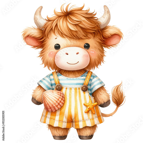 Cute cartoon baby bull wearing striped overalls holding a cocktail. Adorable farm animal illustration with a tropical touch.