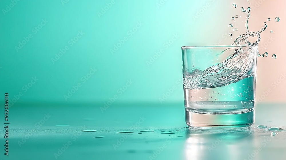 Water splash in glass on green pink background Water splash in glass on green pink background