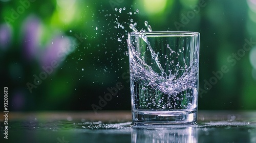  A glass of water on a table splashes from top to bottom