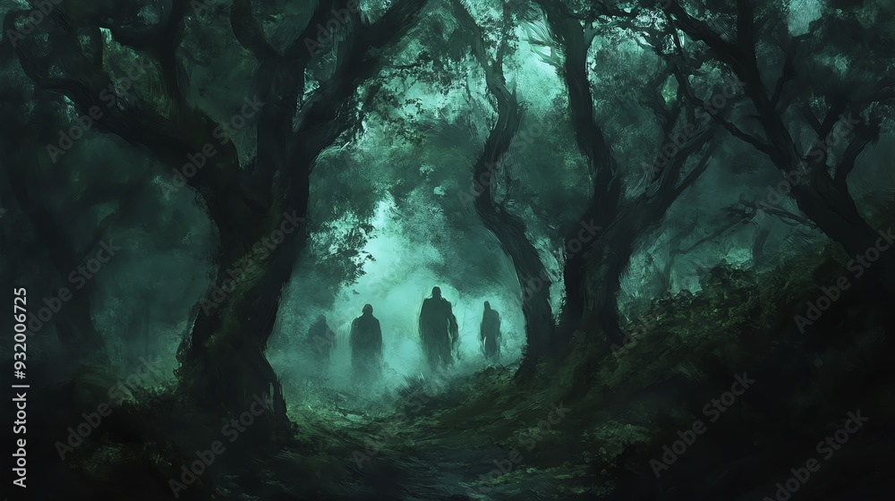 Silhouettes of people standing in a dark, eerie forest with a mystical, greenish glow in the background and dense, twisted trees. Silhouettes of people standing in a dark, eerie forest with a mystical, greenish glow in the background and dense, twisted trees.