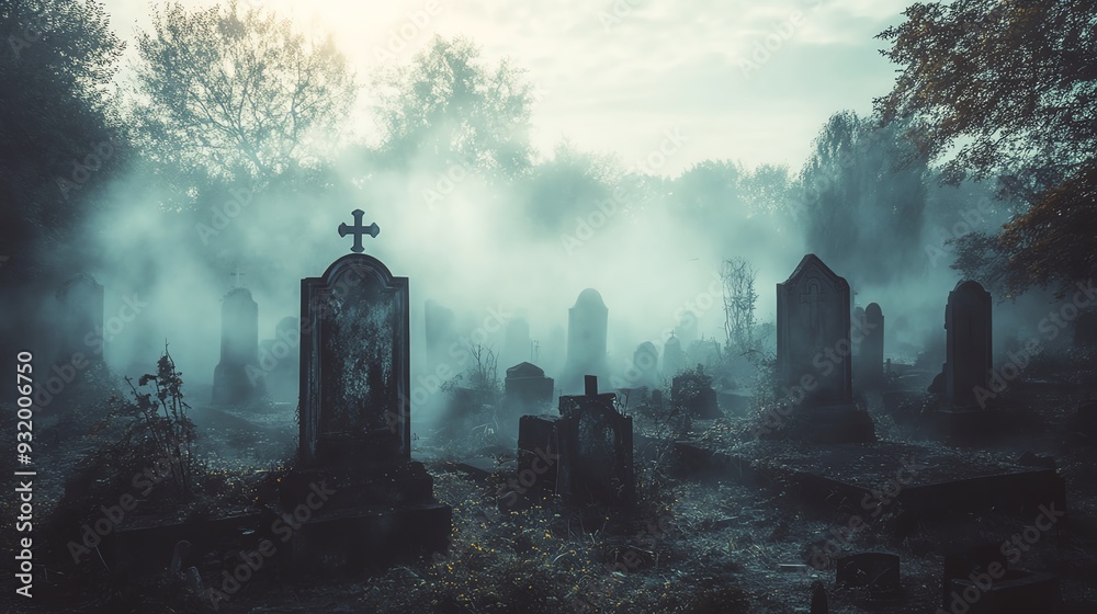 Spooky cemetery with tombstones and fog at sunrise, creating an eerie and mysterious atmosphere.