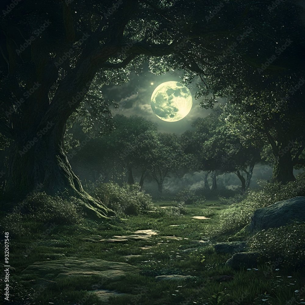 Mystical Forest Glade Illuminated by Full Moon in Ethereal Landscape Atmosphere Mystical Forest Glade Illuminated by Full Moon in Ethereal Landscape Atmosphere