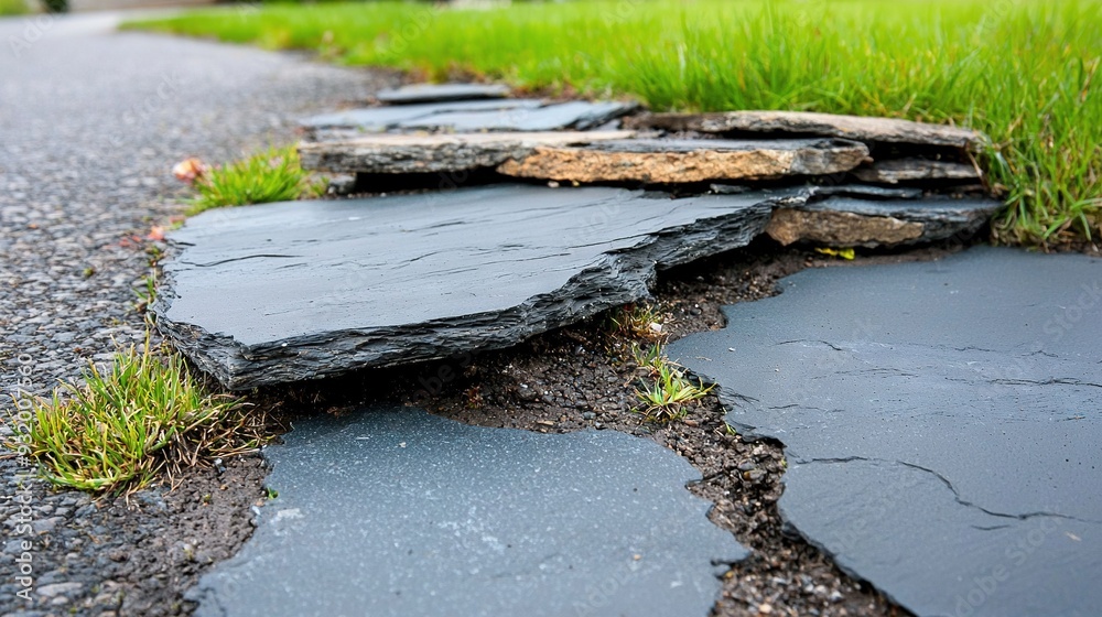 A tight shot of a fissure on the pavement surrounded by lush vegetation sprouting from within it, including growth emerging from the inner cracks as well A tight shot of a fissure on the pavement surrounded by lush vegetation sprouting from within it, including growth emerging from the inner cracks as well