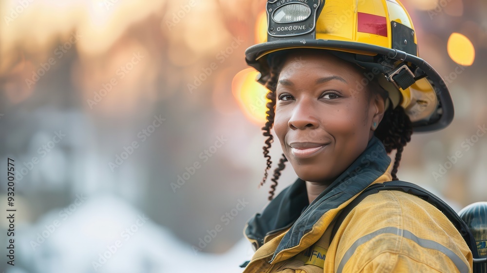 A female firefighter stands proudly in her gear, smiling against a warm, glowing background at dusk A female firefighter stands proudly in her gear, smiling against a warm, glowing background at dusk