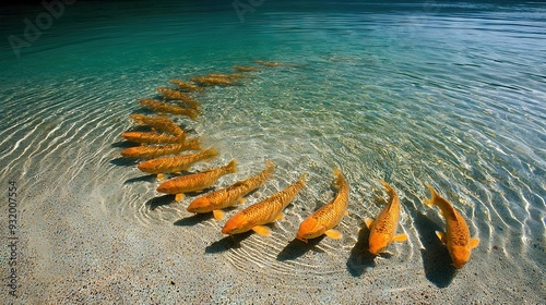   A school of small fish swimming alongside a larger group of fish in a body of water photo