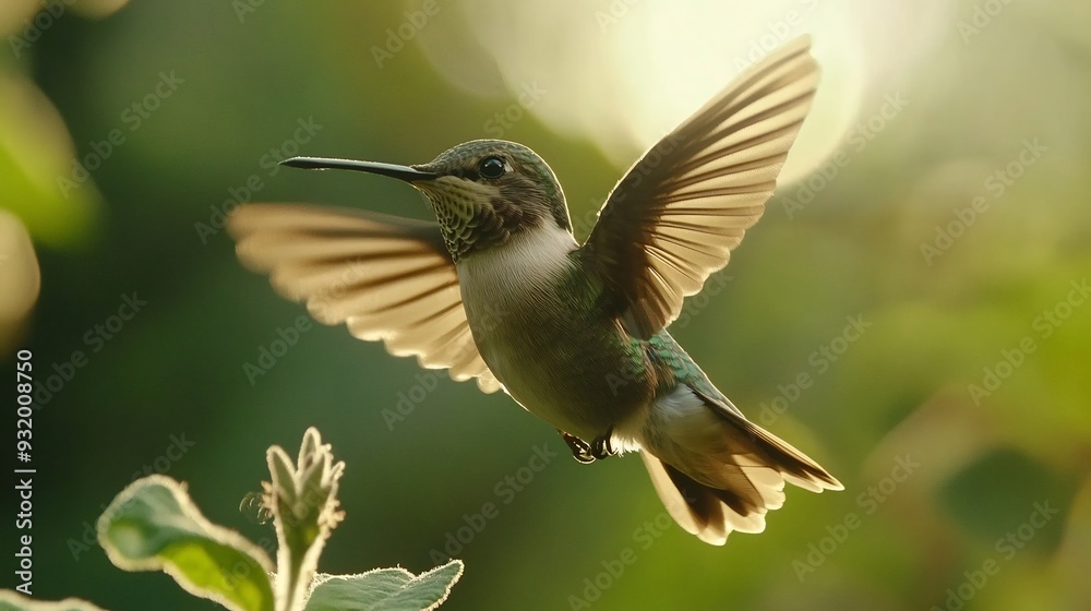Fototapeta premium Hummingbird in Flight Against a Green Blurred Background