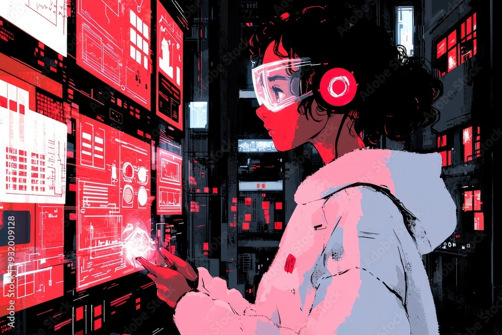 Fototapeta premium Young Woman Interacting with Digital Interface in Neon-Lit Cityscape