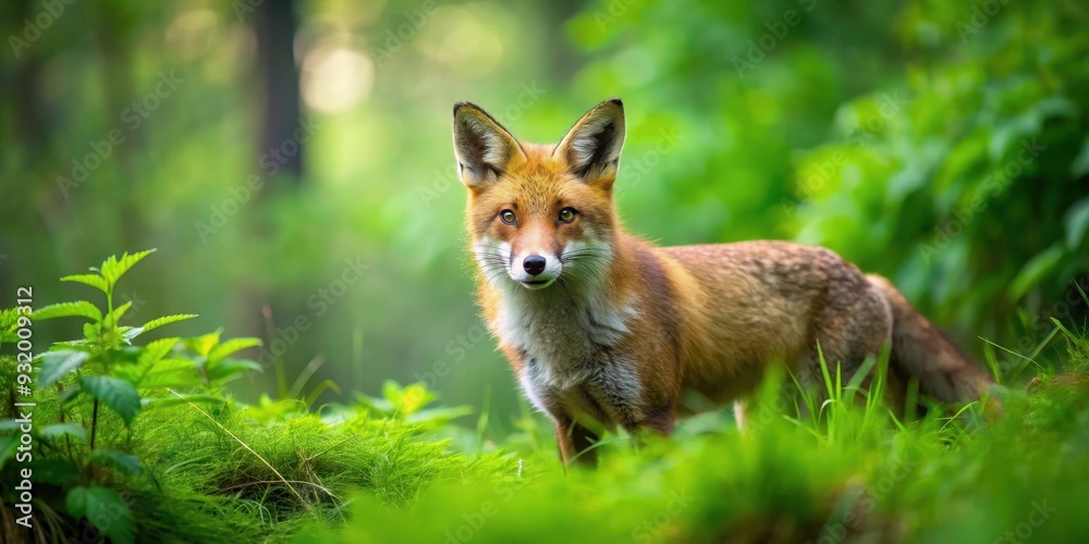 Red fox hunting for prey in a lush green forest , red, fox, wildlife, animal, hunting, predator, forest, green, nature, outdoors Red fox hunting for prey in a lush green forest , red, fox, wildlife, animal, hunting, predator, forest, green, nature, outdoors