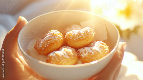  A person holds a white bowl full of powdered sugar doughnuts on a white tablecloth