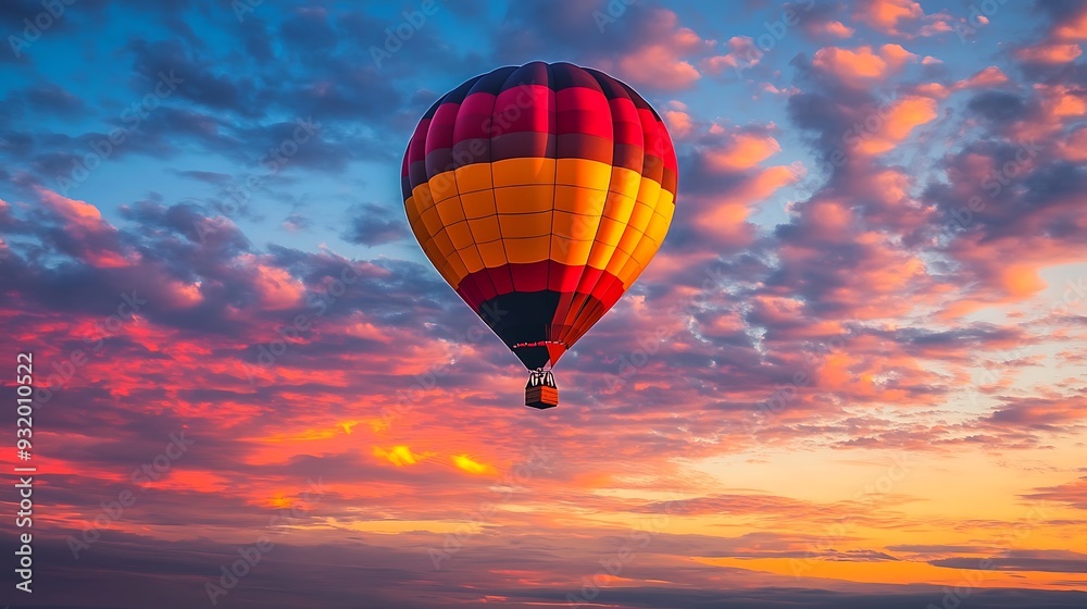 Obraz premium Colorful Hot Air Balloon Ascending in a Dramatic Sunset Sky