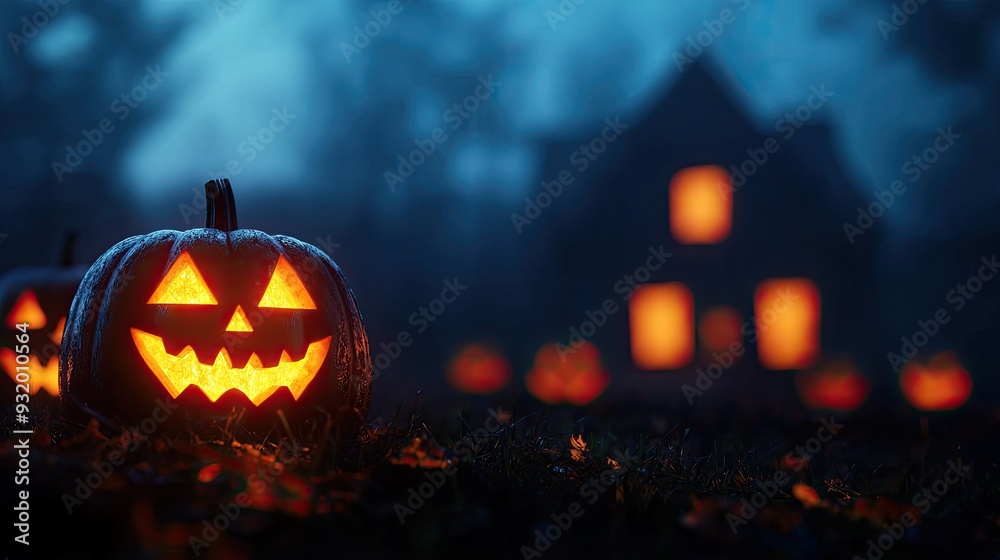 A spooky Halloween scene featuring glowing jack-o'-lanterns, casting eerie shadows near a haunted house. A spooky Halloween scene featuring glowing jack-o'-lanterns, casting eerie shadows near a haunted house.