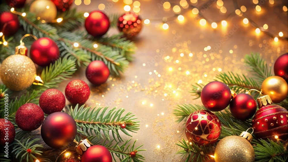 Christmas red background with elegant gold ornaments and twinkling lights, Christmas, red, background, gold, ornaments Christmas red background with elegant gold ornaments and twinkling lights, Christmas, red, background, gold, ornaments