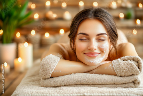 Smiling Woman Relaxing in a Spa with Candles in Background