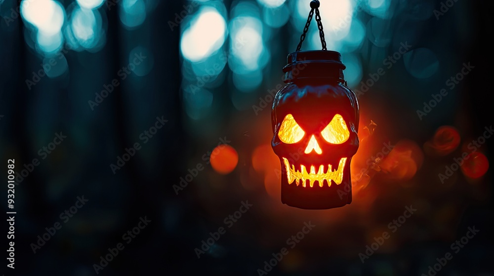A spooky skull lantern illuminating the dark forest, creating an eerie and mysterious atmosphere perfect for Halloween. A spooky skull lantern illuminating the dark forest, creating an eerie and mysterious atmosphere perfect for Halloween.