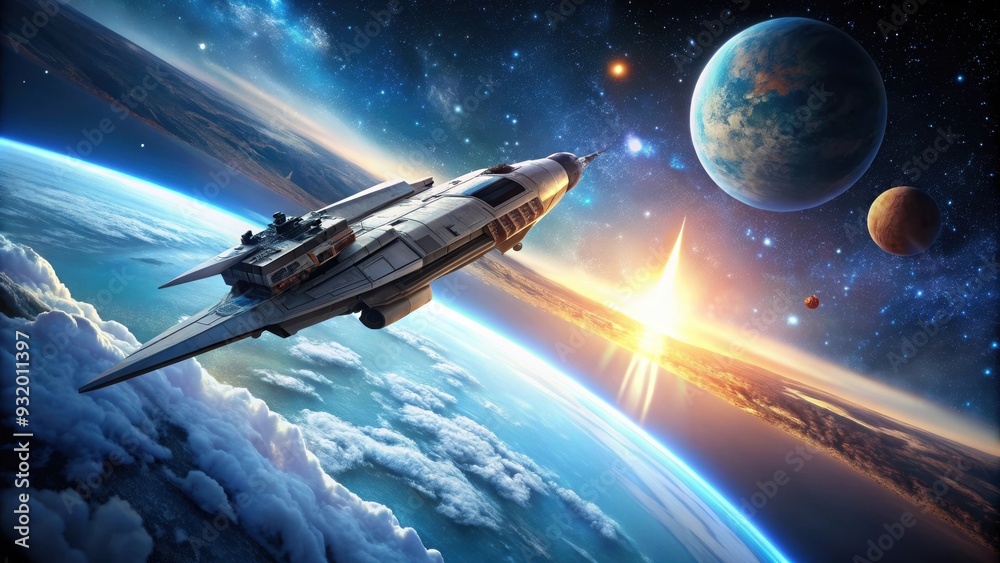 Spaceship flying through outer space, spaceship, flying, outer space, stars, galaxy, adventure, exploration Spaceship flying through outer space, spaceship, flying, outer space, stars, galaxy, adventure, exploration