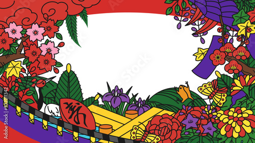 花札の各月の花と役が入った背景イラスト_16:9