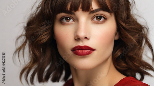 Close up studio portrait of natural beautiful woman with red lipstick