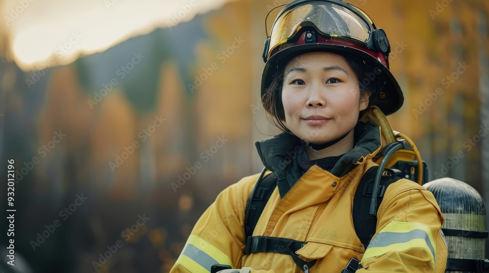 A female firefighter poses confidently outdoors in a vibrant autumn forest A female firefighter poses confidently outdoors in a vibrant autumn forest