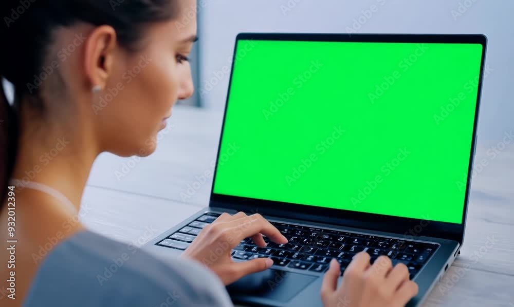 Chroma Green Screen Over-the-Shoulder Scene of Woman Updating Laptop Software Chroma Green Screen Over-the-Shoulder Scene of Woman Updating Laptop Software