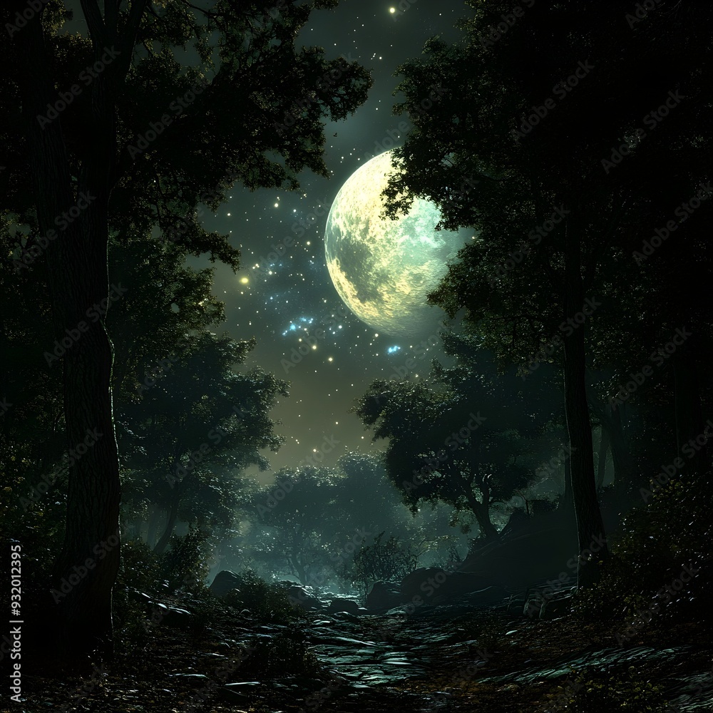 Fototapeta premium Moonlit Forest Glade Showcasing Captivating Celestial Landscape in Stunning Detail