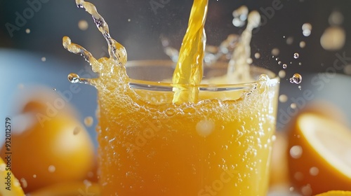 A splash of orange juice being poured into a glass, capturing the freshness and vitality of citrus fruits.