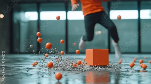   An individual wearing an orange shirt and black trousers is shown gracefully kicking orange spheres overhead with their legs extended photo