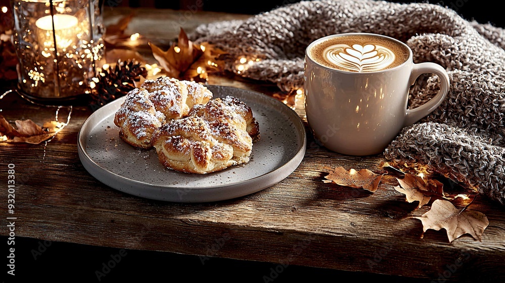   A plate of powdered sugar cookies beside a cup of coffee on an autumn table with a lit lantern