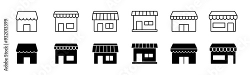 Store icon set. Line and glyph store shop vector. Outline marketplace building